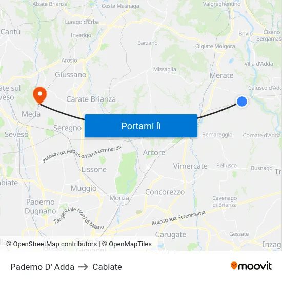 Paderno D' Adda to Cabiate map