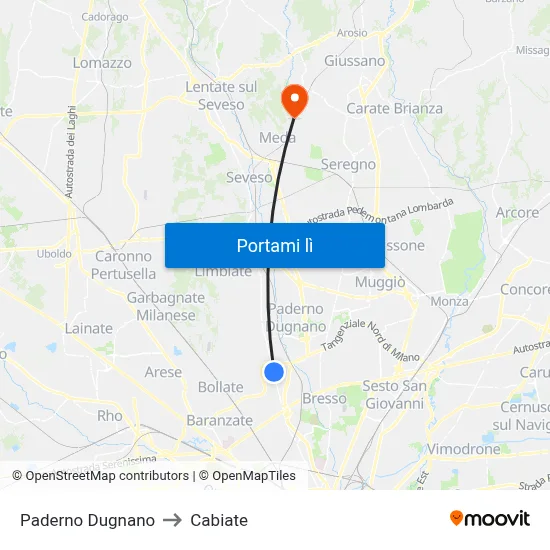 Paderno Dugnano to Cabiate map