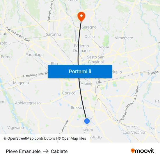 Pieve Emanuele to Cabiate map