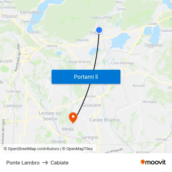Ponte Lambro to Cabiate map