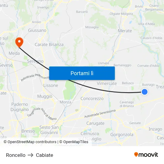 Roncello to Cabiate map