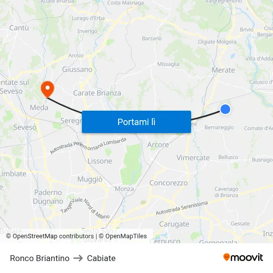 Ronco Briantino to Cabiate map