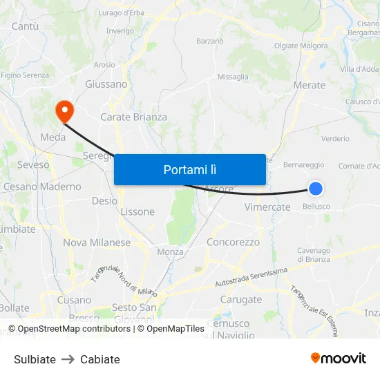 Sulbiate to Cabiate map