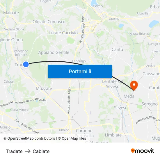 Tradate to Cabiate map