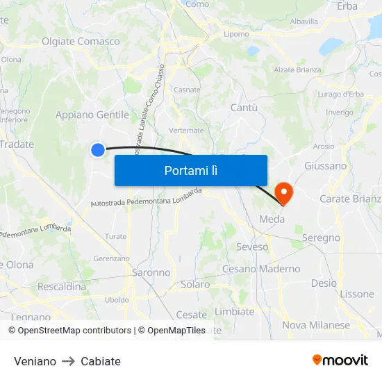 Veniano to Cabiate map