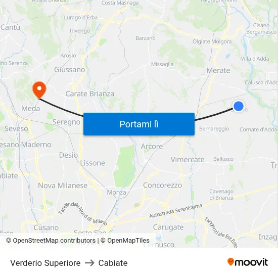 Verderio Superiore to Cabiate map
