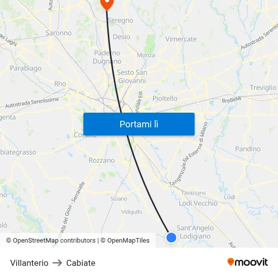 Villanterio to Cabiate map