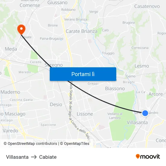 Villasanta to Cabiate map