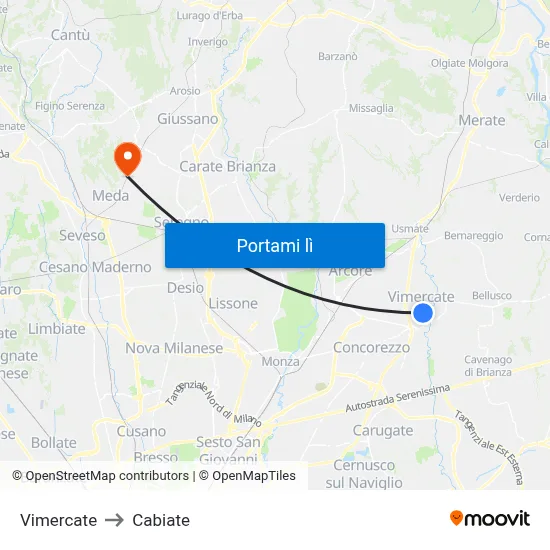 Vimercate to Cabiate map