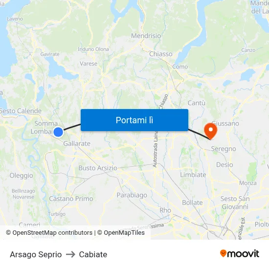 Arsago Seprio to Cabiate map