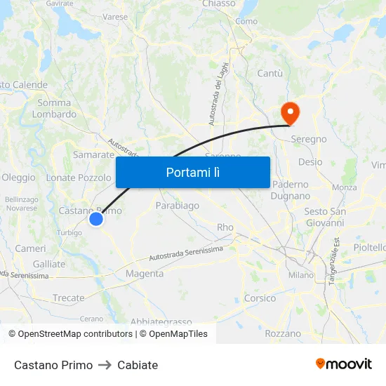 Castano Primo to Cabiate map