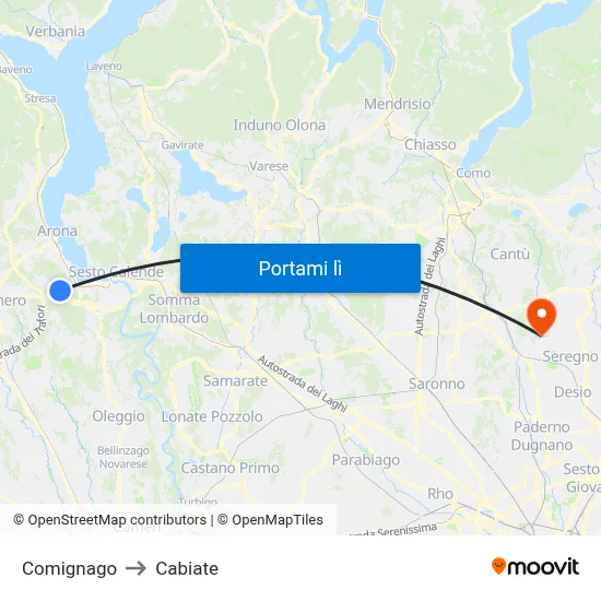 Comignago to Cabiate map