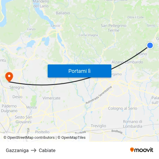 Gazzaniga to Cabiate map