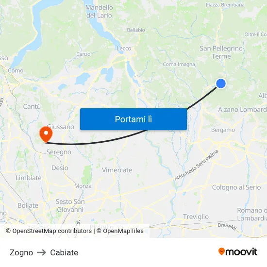 Zogno to Cabiate map