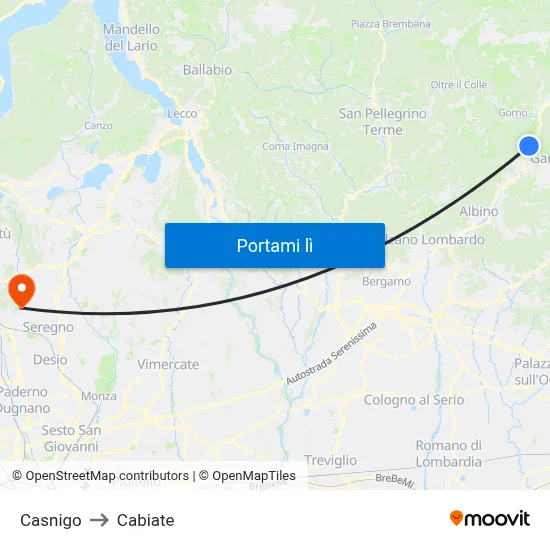 Casnigo to Cabiate map