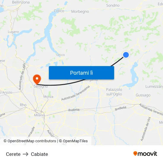 Cerete to Cabiate map