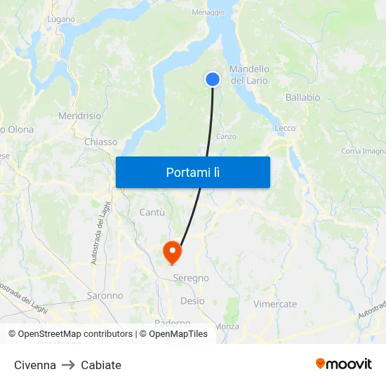 Civenna to Cabiate map
