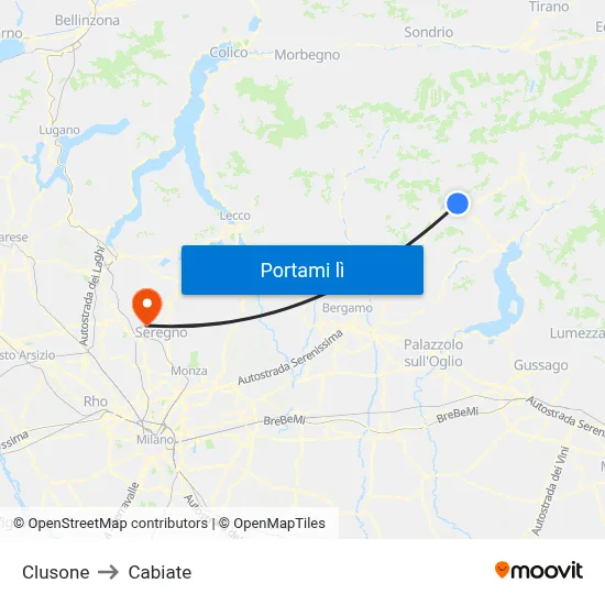 Clusone to Cabiate map