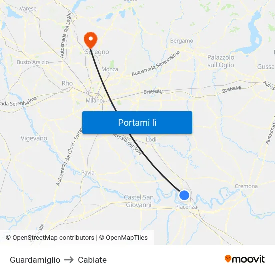 Guardamiglio to Cabiate map