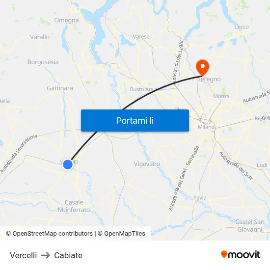 Vercelli to Cabiate map