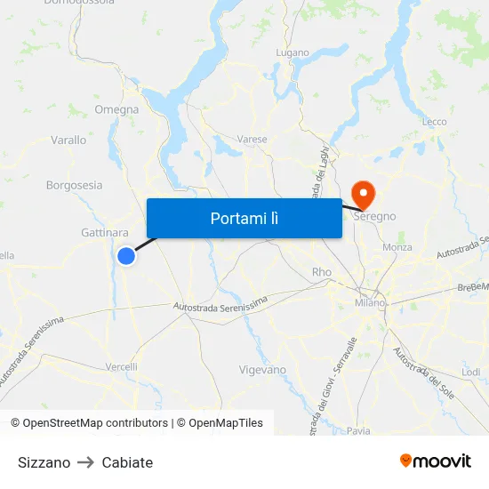Sizzano to Cabiate map
