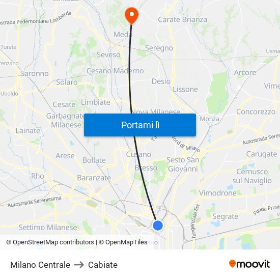 Milano Centrale to Cabiate map