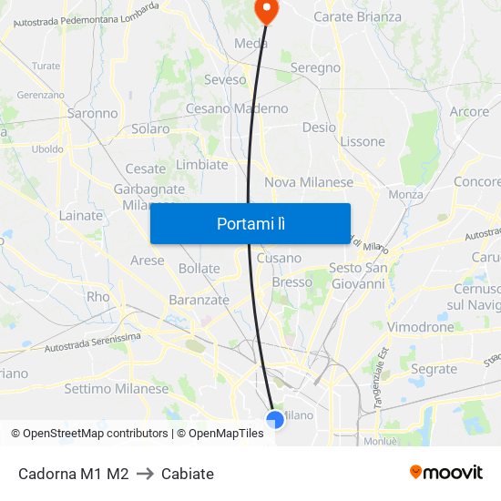 Cadorna M1 M2 to Cabiate map