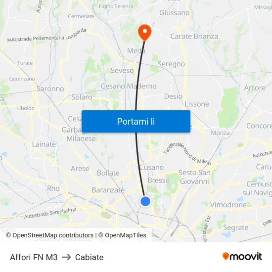 Affori FN M3 to Cabiate map
