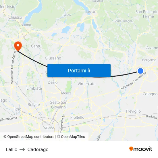 Lallio to Cadorago map