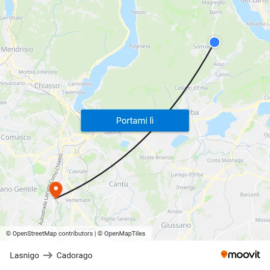 Lasnigo to Cadorago map