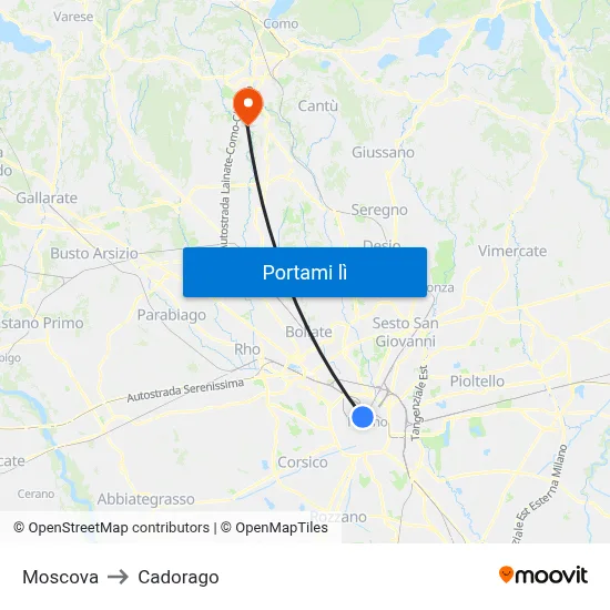 Moscova to Cadorago map