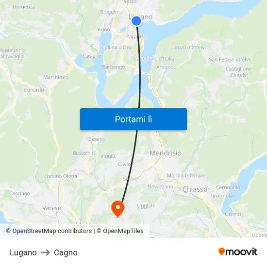 Lugano to Cagno map