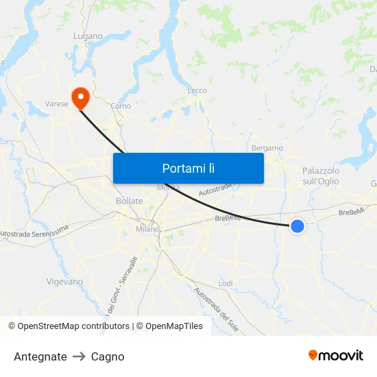 Antegnate to Cagno map