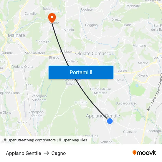 Appiano Gentile to Cagno map