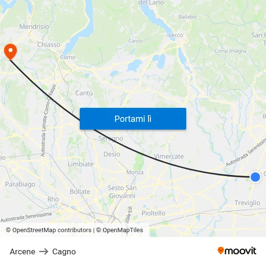 Arcene to Cagno map