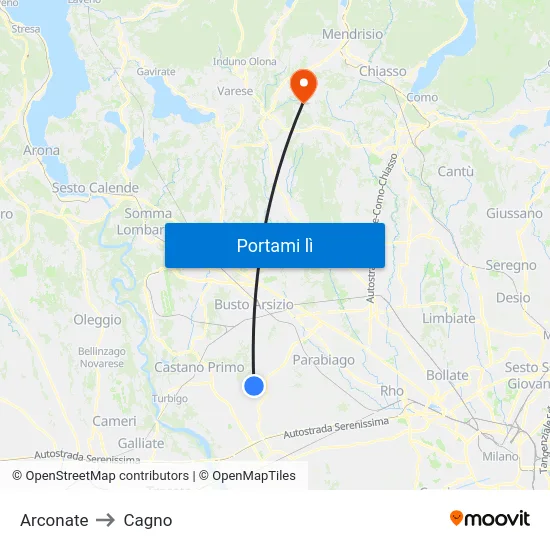 Arconate to Cagno map