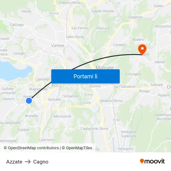 Azzate to Cagno map