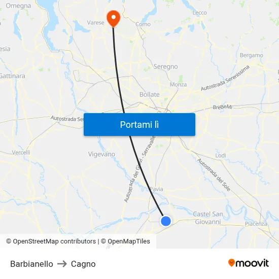 Barbianello to Cagno map