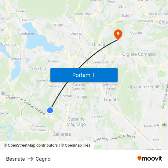 Besnate to Cagno map