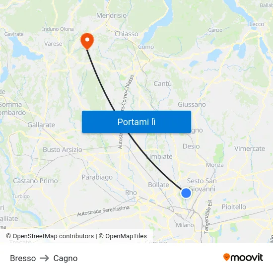 Bresso to Cagno map