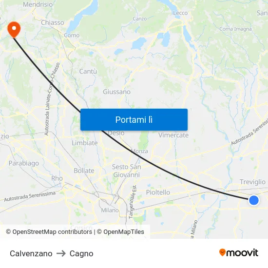 Calvenzano to Cagno map