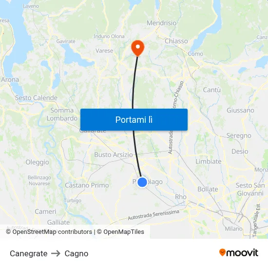 Canegrate to Cagno map