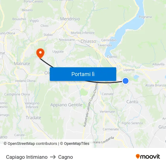 Capiago Intimiano to Cagno map