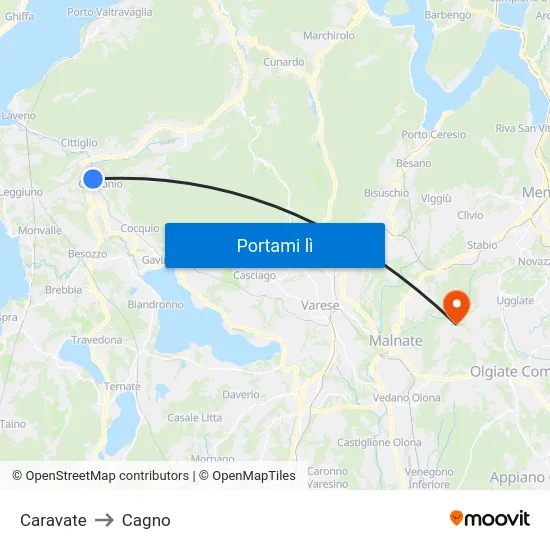 Caravate to Cagno map