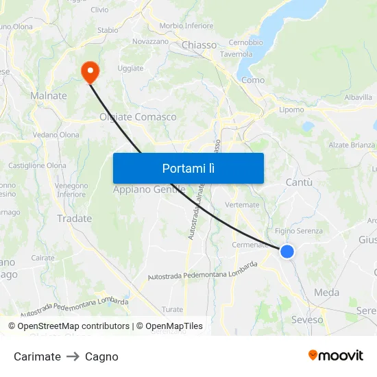 Carimate to Cagno map