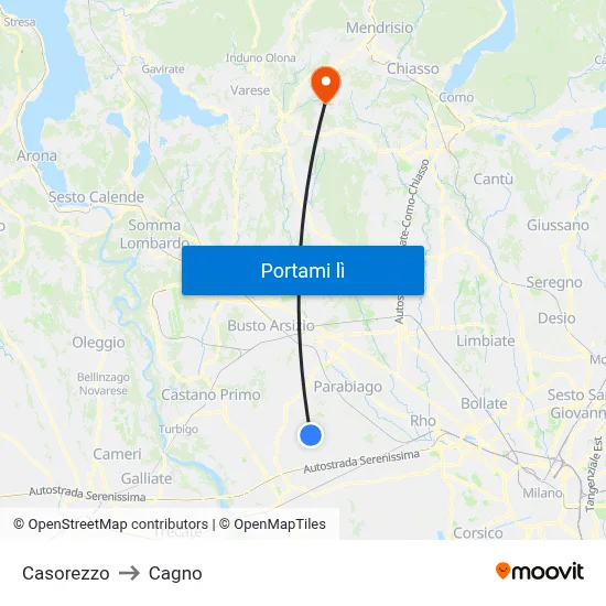 Casorezzo to Cagno map