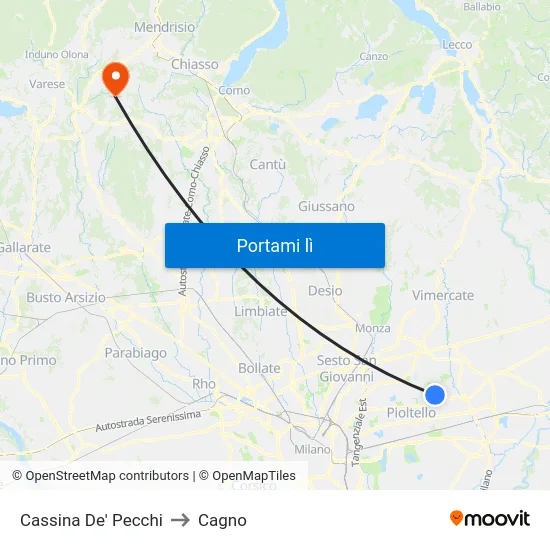 Cassina De' Pecchi to Cagno map