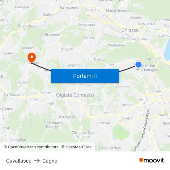 Cavallasca to Cagno map