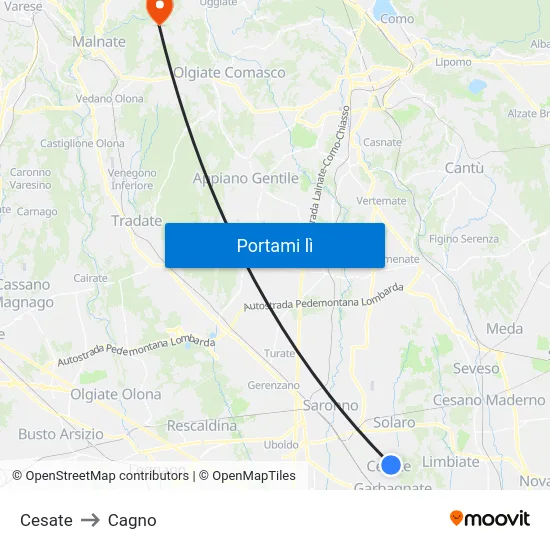 Cesate to Cagno map