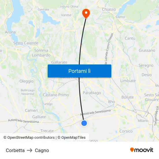 Corbetta to Cagno map